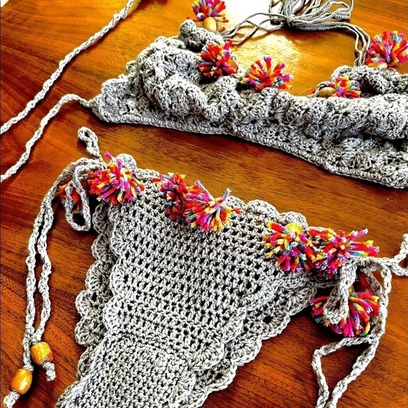 GRAY BIKINI AND SWIM COVER SET WITH MULTI COLORED TASSELS - Picture 7 of 17